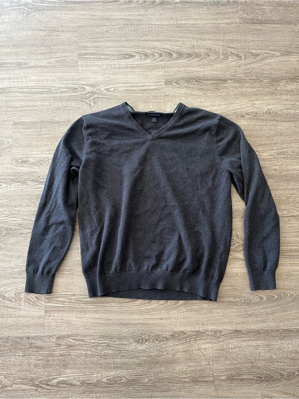 Lands’ End V-Neck Sweater Mens Large Tall Charcoal Gray Supima Cotton LongSleeve